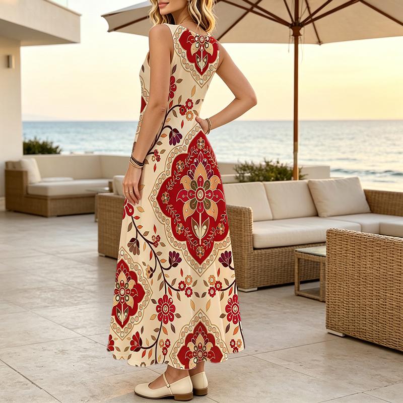 Women's Sleeveless Long Dress,Vintage Floral Design,Lightweight Loose Fit,Fashion Elegant Style for Casual Daily Wear