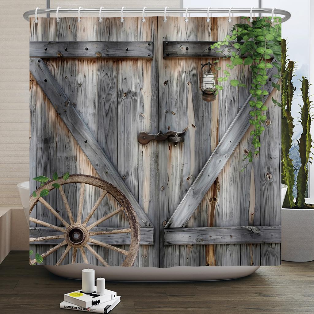Retro Wood Door Shower Curtain Farmhouse Country Vintage Farm Barn Wooden Waterproof Polyester Shower Curtain for Bathroom Decor