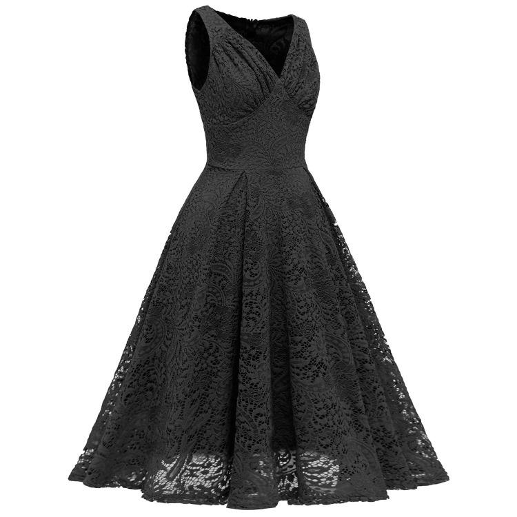Elegant Vintage Lace Dress for Women V Neck Ruched Bust Cinched Waist Milkmaid Prom Skater Midi Cocktail Evening Party Formal Special Occasion Outfits