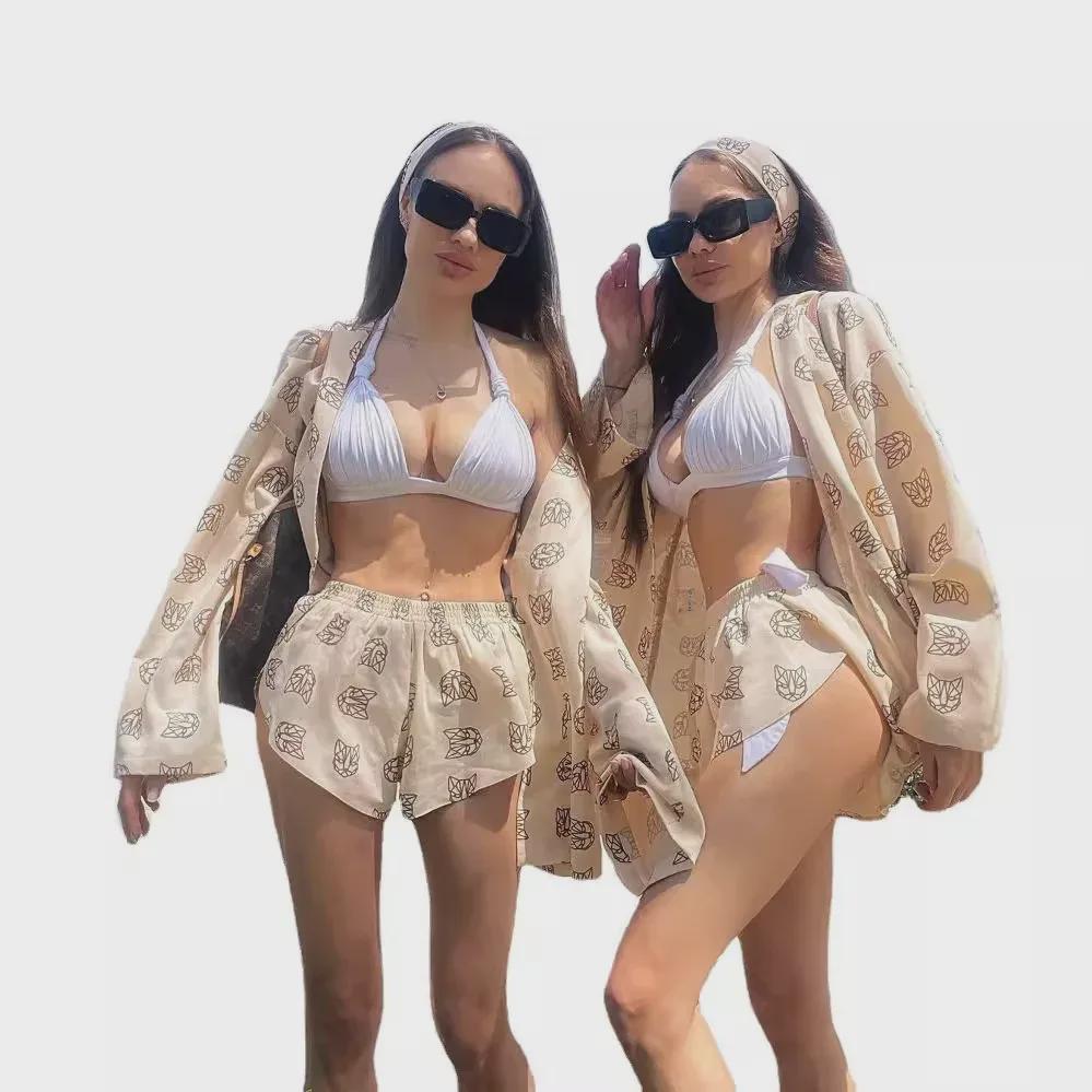 Women's Loose Long-Sleeve Print Lace-Up High Waist Shorts Suit