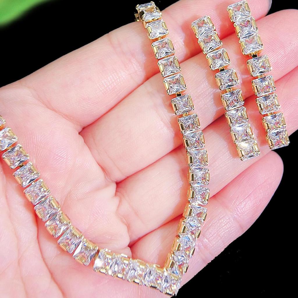 CMM 2Pcs Simple Wedding Jewelry Set Square AAA Cubic Zirconia V Shape Choker Necklace Earrings for Women
