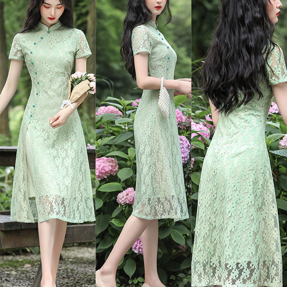 Krajka Středně dlouhá Denní Cheongsam Upravený Nízký výstřih Slim Fit Velká čínská velikost Šaty Ao Dai