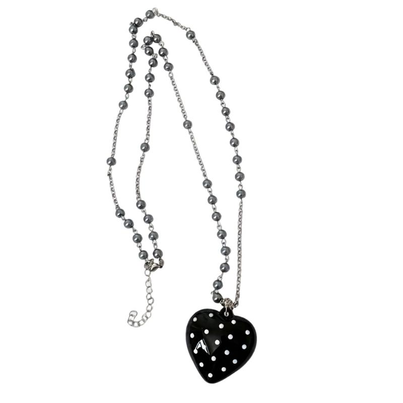Stylish Long Beaded Necklace Featuring Black Round Dots And Bowknot Love Charm For Casual or Party Wear