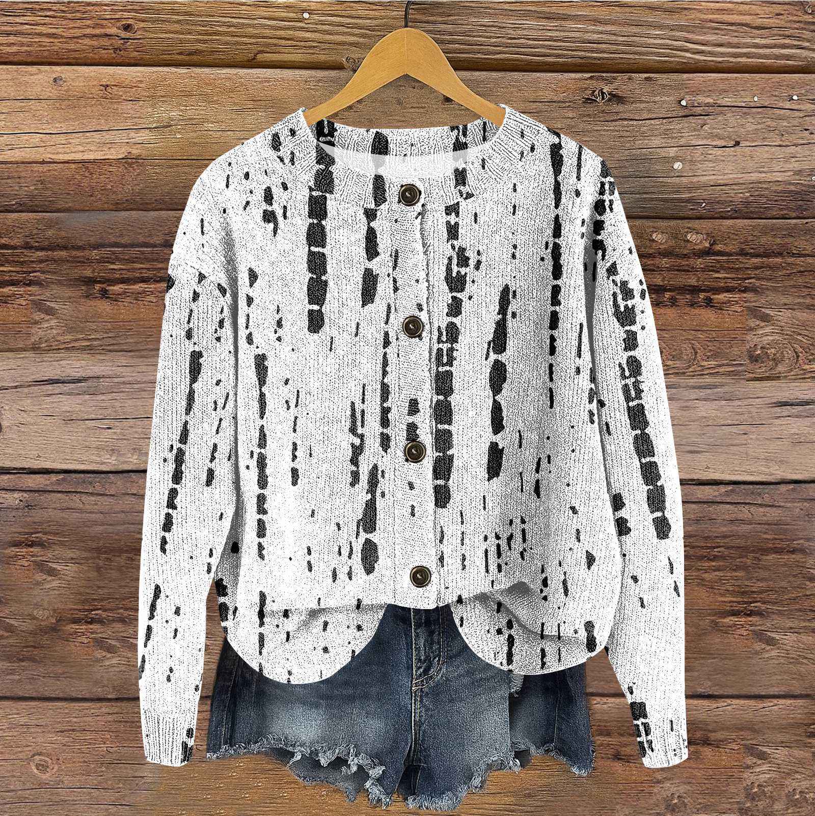 

Женский винтажный вязаный кардиган на пуговицах с ретро геометрическим принтом S бежевый