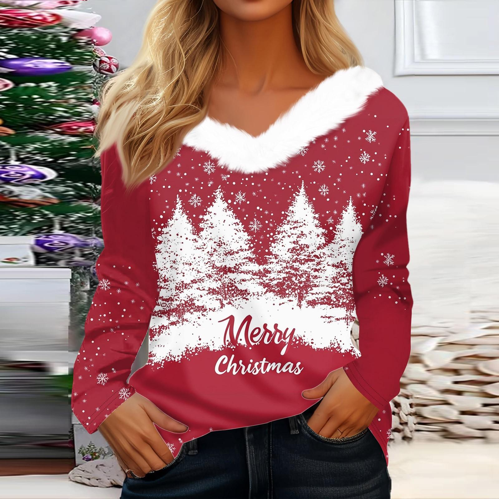 

Женская мода повседневная толстовка с длинным рукавом и рождественским принтом, плюшевый воротник, V-образный вырез S красный