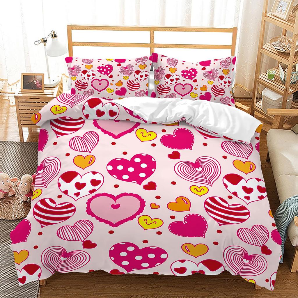 Colorful Love Heart Comforter Cover Queen Pink Black Bedding Set Romantic Duvet Cover Valentine's Day Quilt Cover with Zipper