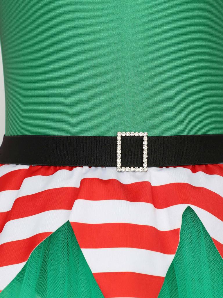 Girls Christmas Elf Costume Santa Little Helper Dress Striped Tutu Bodysuit Holiday Party Suit