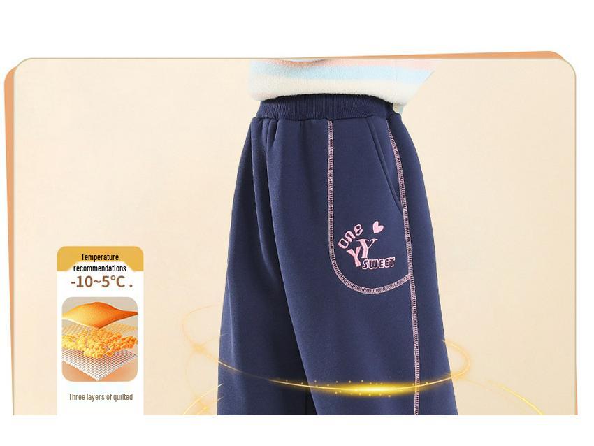 Girls' Winter Fleece-Lined Quilted Cotton Sports Pants - Thickened Three-Layer Design for Big Kids
