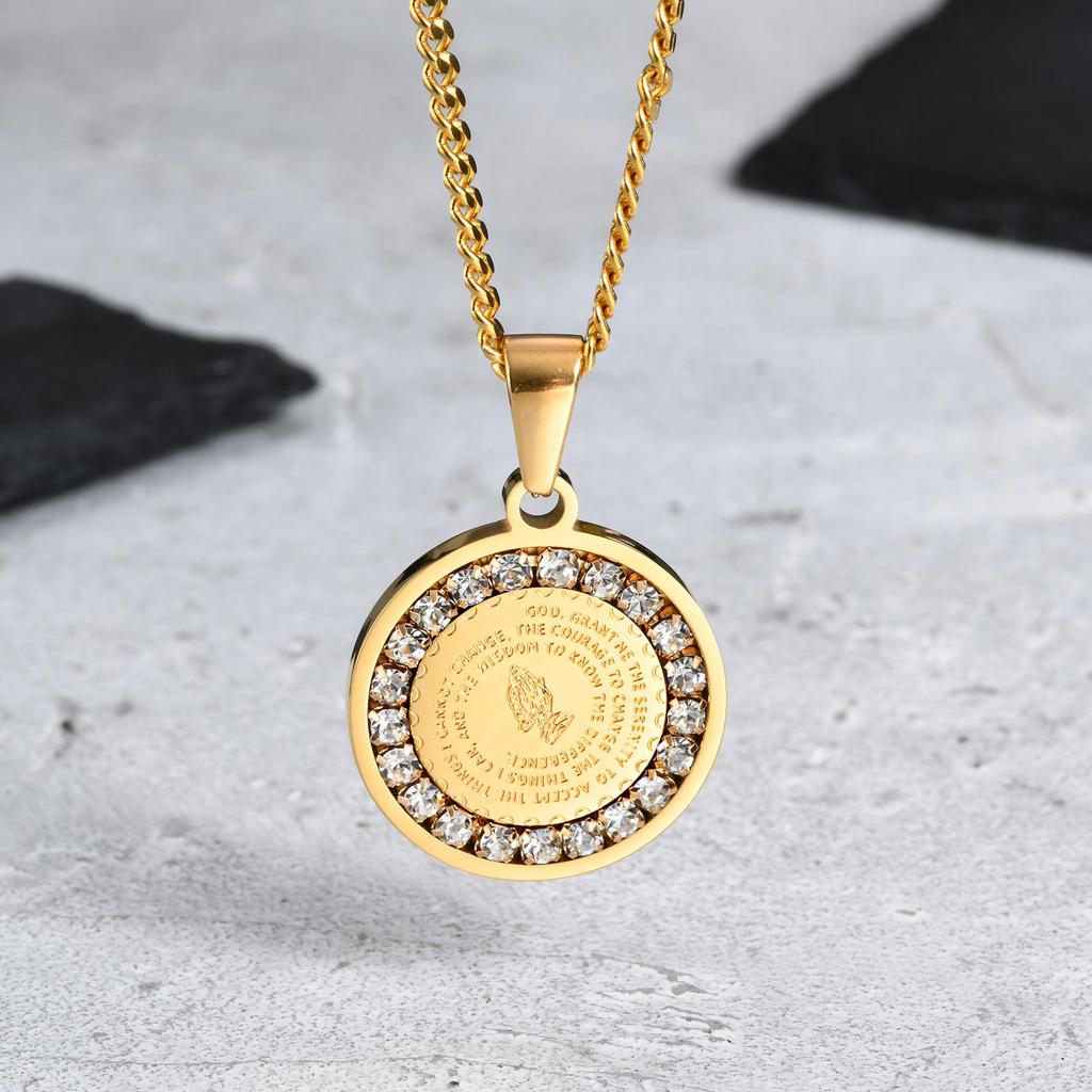 Bible Prayer Zircon Necklace for Men Boys,Stainless Steel Praying Hands Coin Pendant,Luxury Faith Jewelry Gift