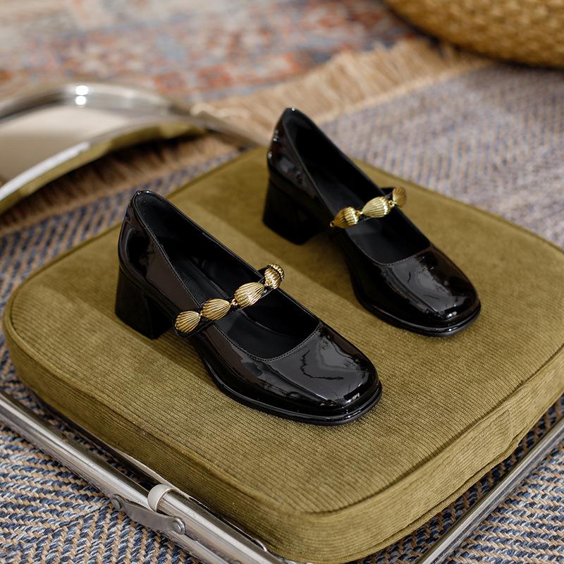 

Ocean series square head high heels shell Mary Jane women s retro platform thick heel single shoes spring new 39 чёрный