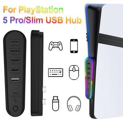 6 Ports USB Hub with RGB Light Charger Adapter Converter Data Transfer Extender for PlayStation 5 Pro/Slim Gaming Accessories