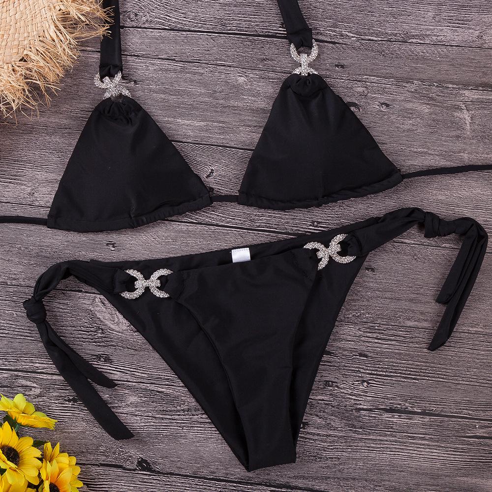 Women’s Fashionn Rhinestone Tankini Bathing Suit Solid Color Bikini Swimsuit, Sexy Two-Piece Tie Side Swimwear S