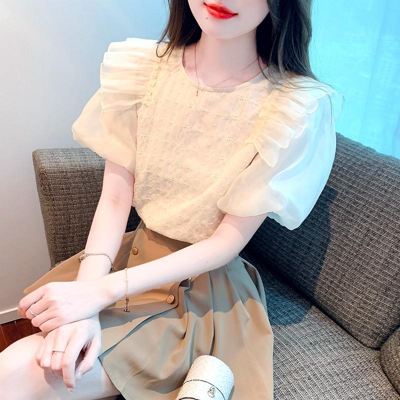Modisches Kurzarm-Freizeit-Chiffonhemd für Damen Sommer Rüschenkante Patchwork Elegant Bluse Frau Slim Fit Vintage Puffärmel Tops Dame 24227