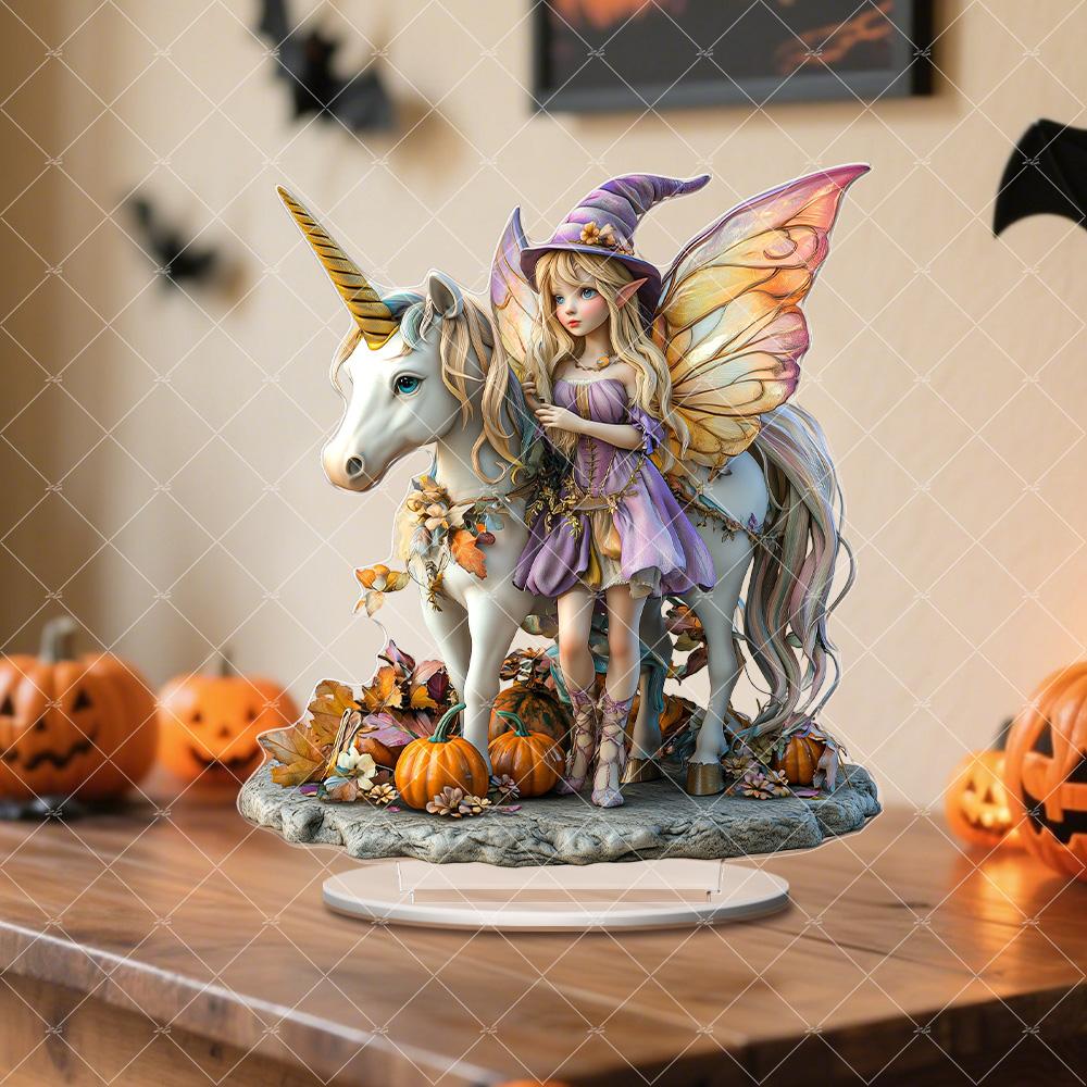 Halloweenská víla jedoucí na jednorožci 2D akrylová domácí stolní sváteční dekorace, Halloweenský dárek pro rodinu a přátele