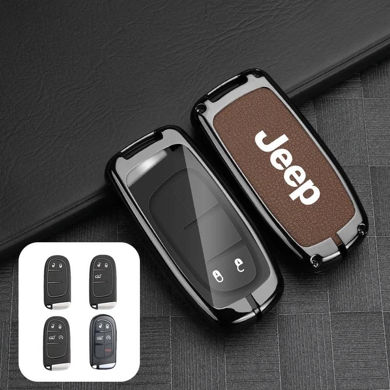 Anti-Drop Zinc Alloy Leather Car Key Case Cover for Jeep Compass Renegade Wrangler JK Auto Smart Key Fob Protector Accessories