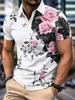 Trendy Rose Print Short Sleeve Polo Shirt, Casual Fashion Top For Men