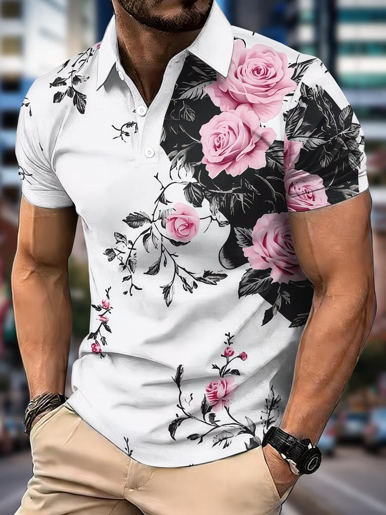 Trendy Rose Print Short Sleeve Polo Shirt, Casual Fashion Top For Men