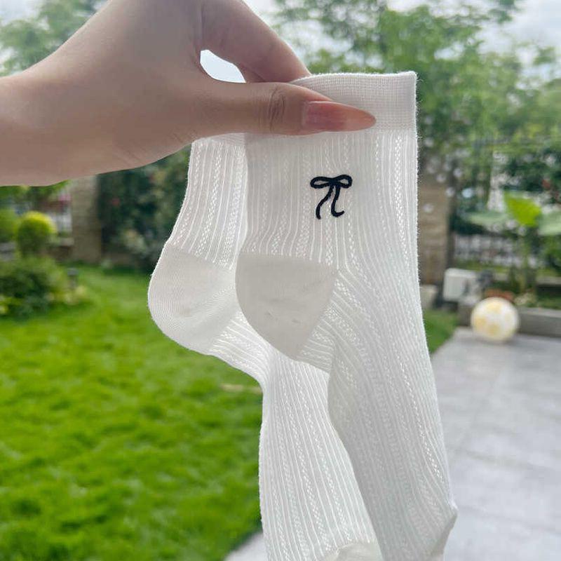 Female Summer Thin Model Lovely Bow Embroidery Hollow Out Mesh Socks