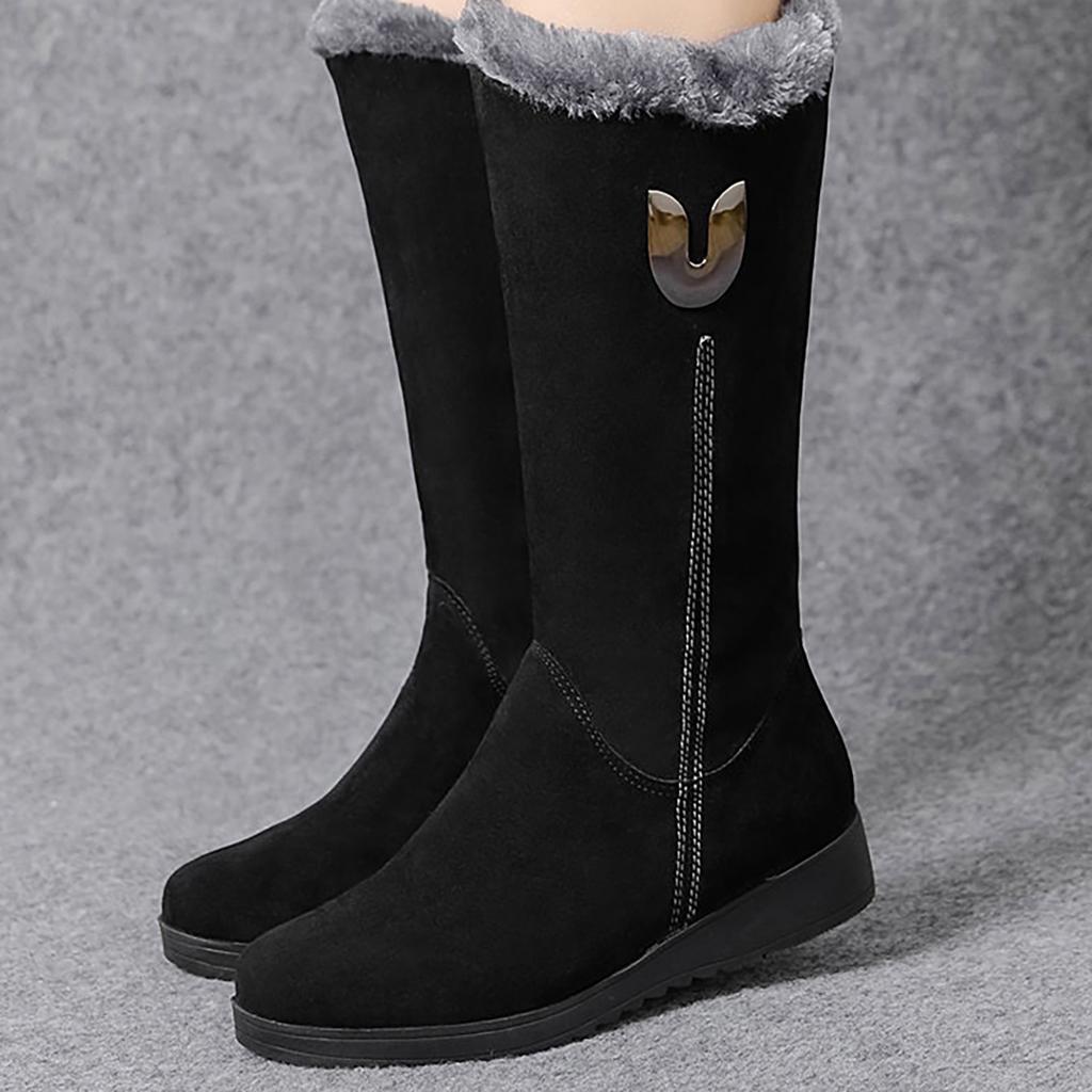 Winter Versatile Snow Boots Women's Shoes Padded Thickened Mid-calf Boots Slope Heel Non-slip Warm Side Zipper Cotton Boots
