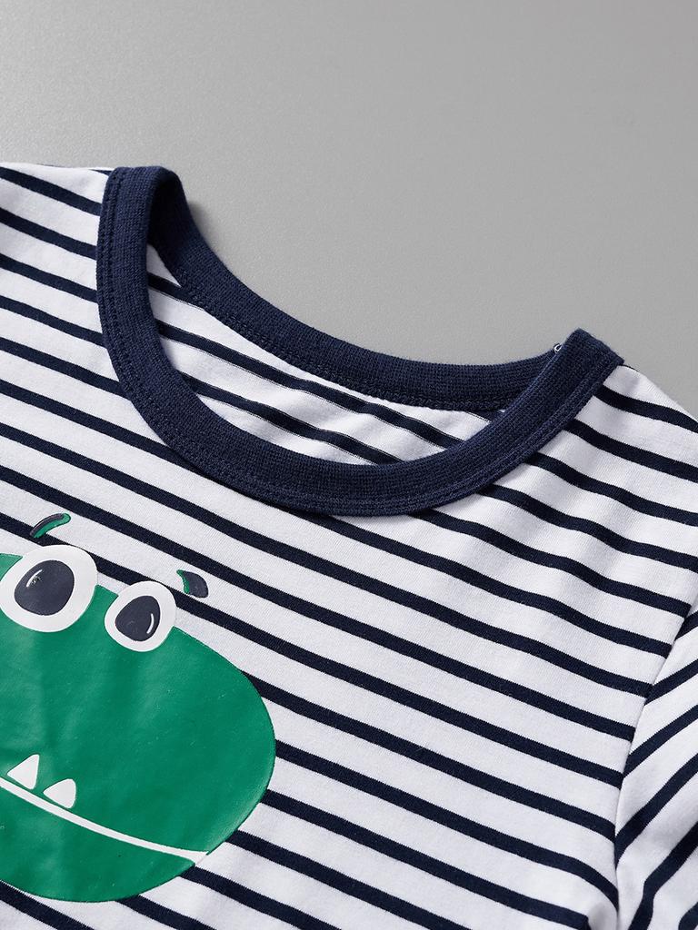 2026 Spring Summer Boys Short Sleeve Tee Cartoon Animal Striped Round Neck Printed Kids Top