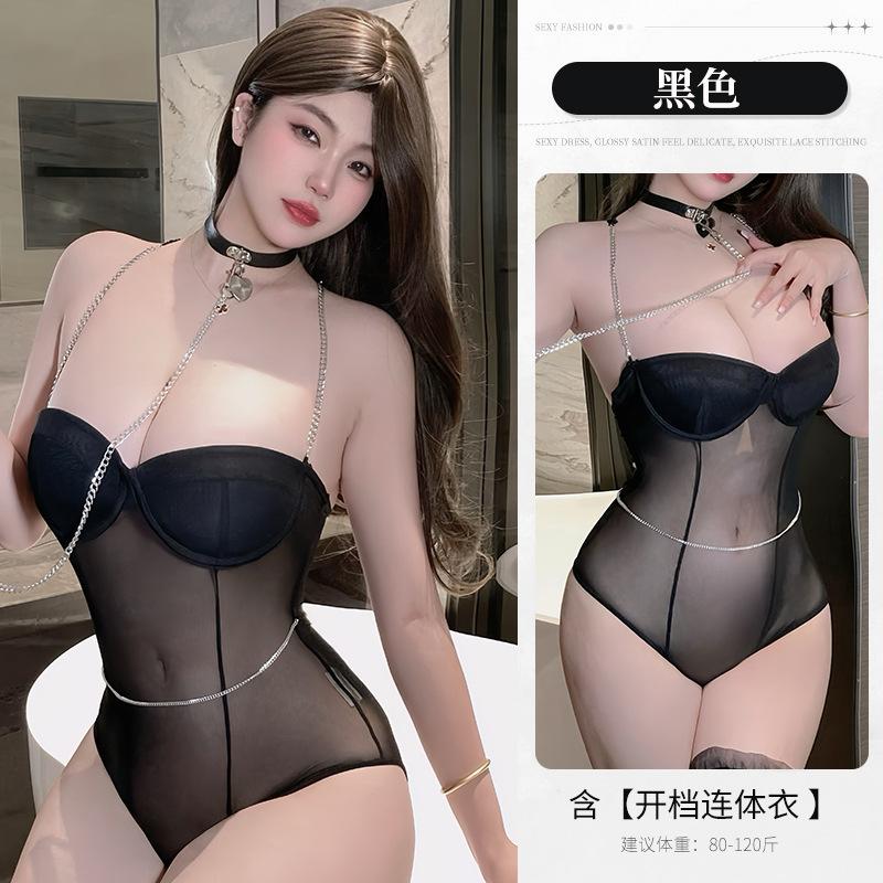 Exotic Summer Fashion Women's new Clothing Solid Color Perspective Hanging Neck Metal Chain Decoration Sexy Tight jumpsuit W4TT