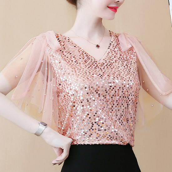 Women's Short Sleeve Sequined Chiffon V-Neck Shirt - Elegant, Fashionable, Loose Fit Top for Mature, Fairy-Inspired Summer Style