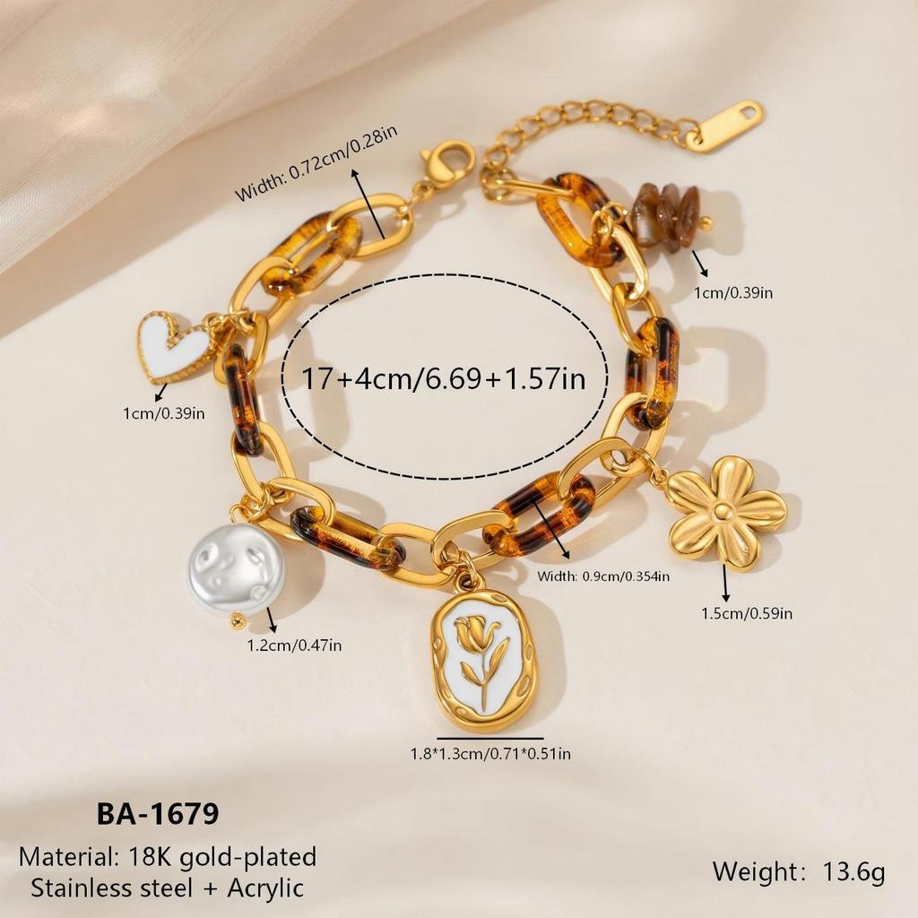 European Retro Tortoiseshell Chain Bracelet with Gold Flower and Pearl Pendant, Versatile Stainless Steel Jewelry.