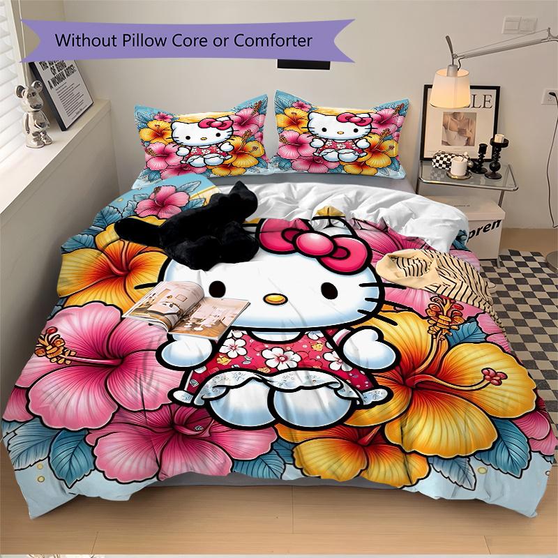 3pcs Hello Kitty in Tropical Paradise Bedding Set - Includes 1 Quilt Cover and 2 Pillowcases, Comfortable Bedding with Stylish Design for Be