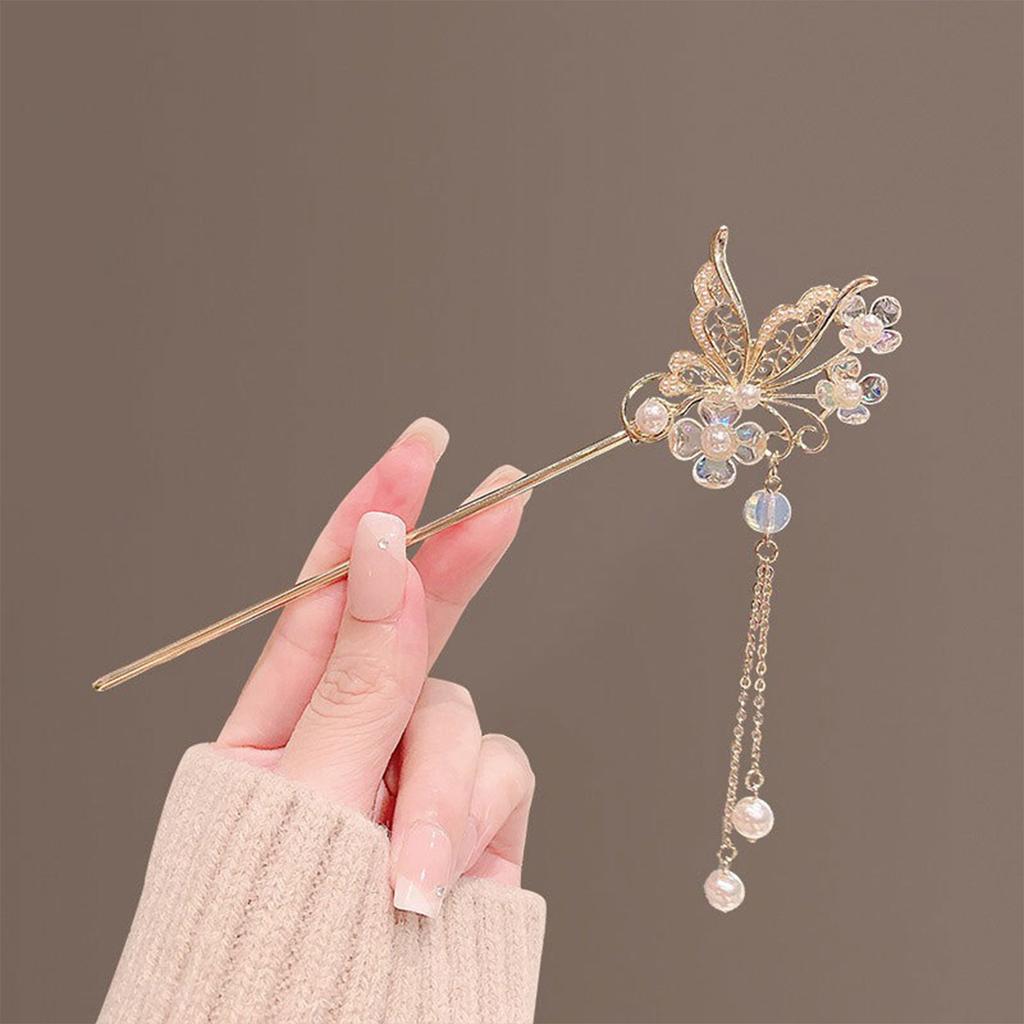Retro Chinese Style Hair Pin Gold Color Alloy Butterfly Hair Clips Pearls Chain Pendant Headpieces Women Girls Hair Jewelry