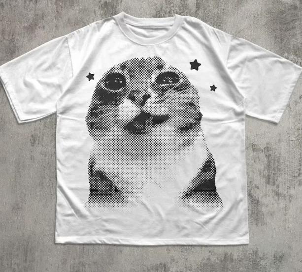 Fun Y2K retro cat emoji Tshirt silly cat Tshirt retro cotton Tshirt couple street style shirt  harajuku vintage t shirt S