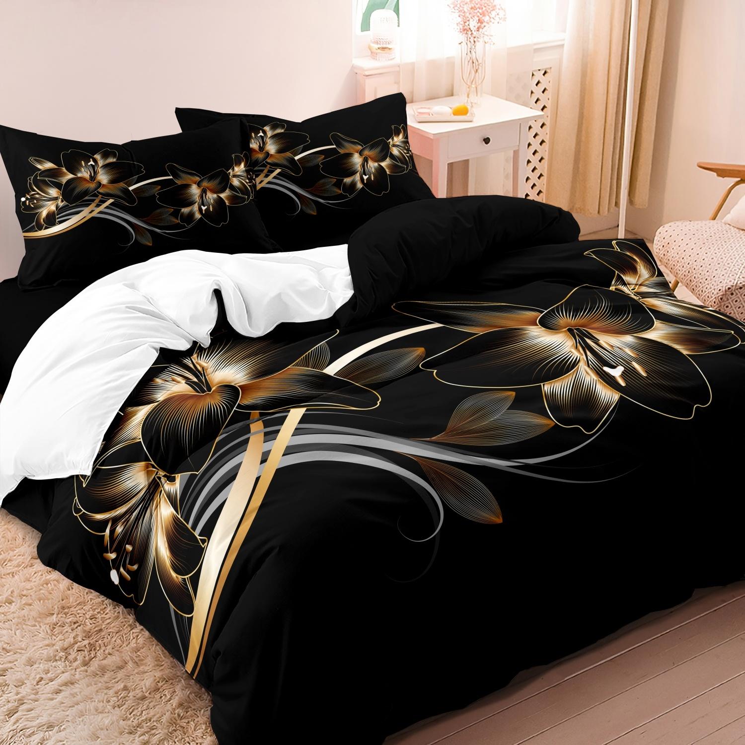 

2/3pcs Duvet Cover Set Modern Black & Golden Floral Print Soft & Breathable Bedroom & Guest Room Without Core (No Insert) EU Single-135x200cm