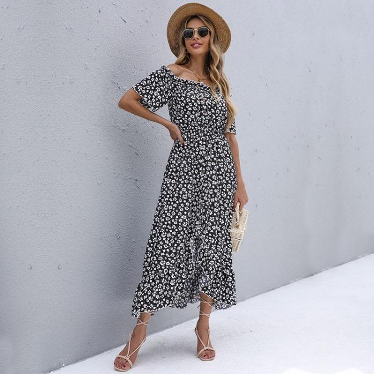 Vestido Casual de Verão Feminino Floral Cintura Alta Manga Curta Irregular Longo Decote Assimétrico S-XL