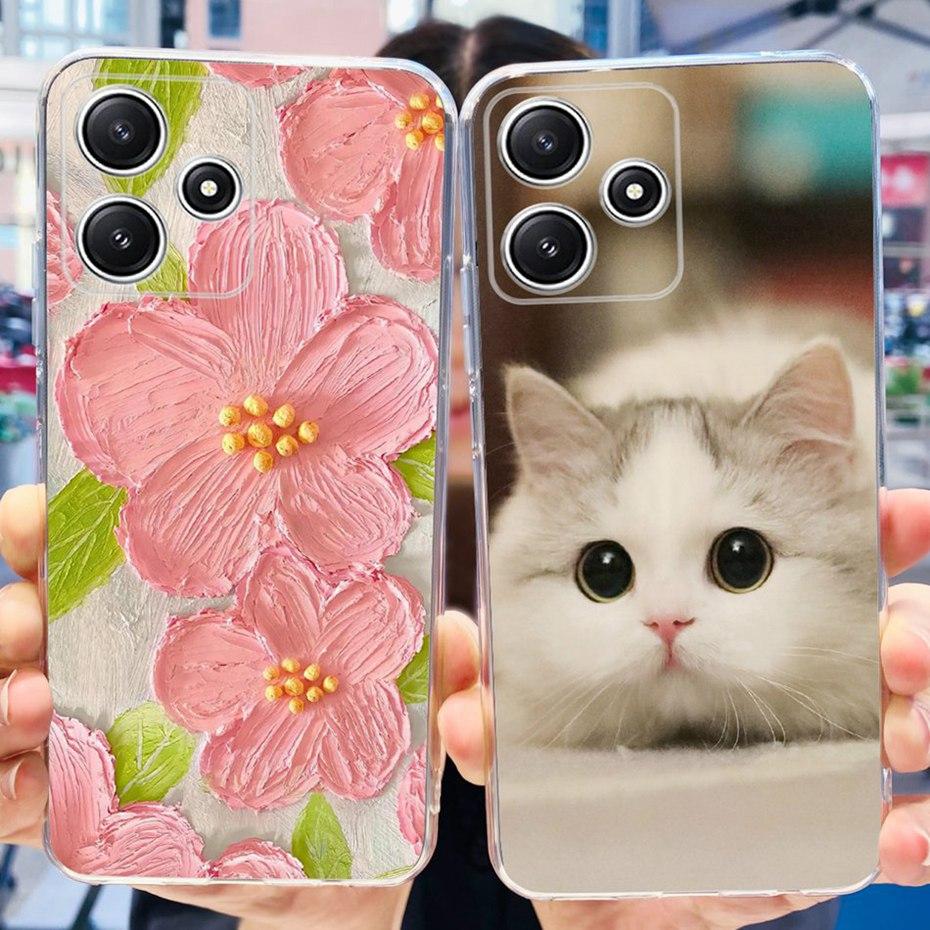 Cute Flower Cat Painted Case For Xiaomi Redmi 12 5G 2023 Soft Silicone TPU Back Cover For Redmi12 5G Global Phone Bumper