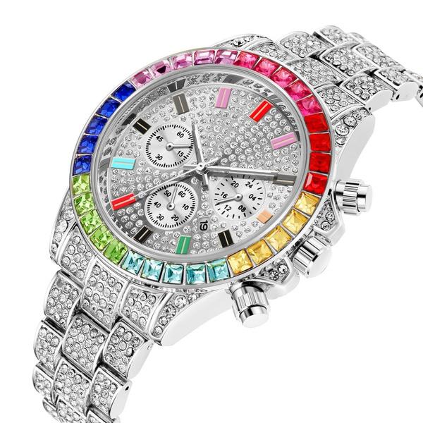 1PC Men Watch Quartz Clock Chronograph Colorful Steel Iced Out Watch серебряный