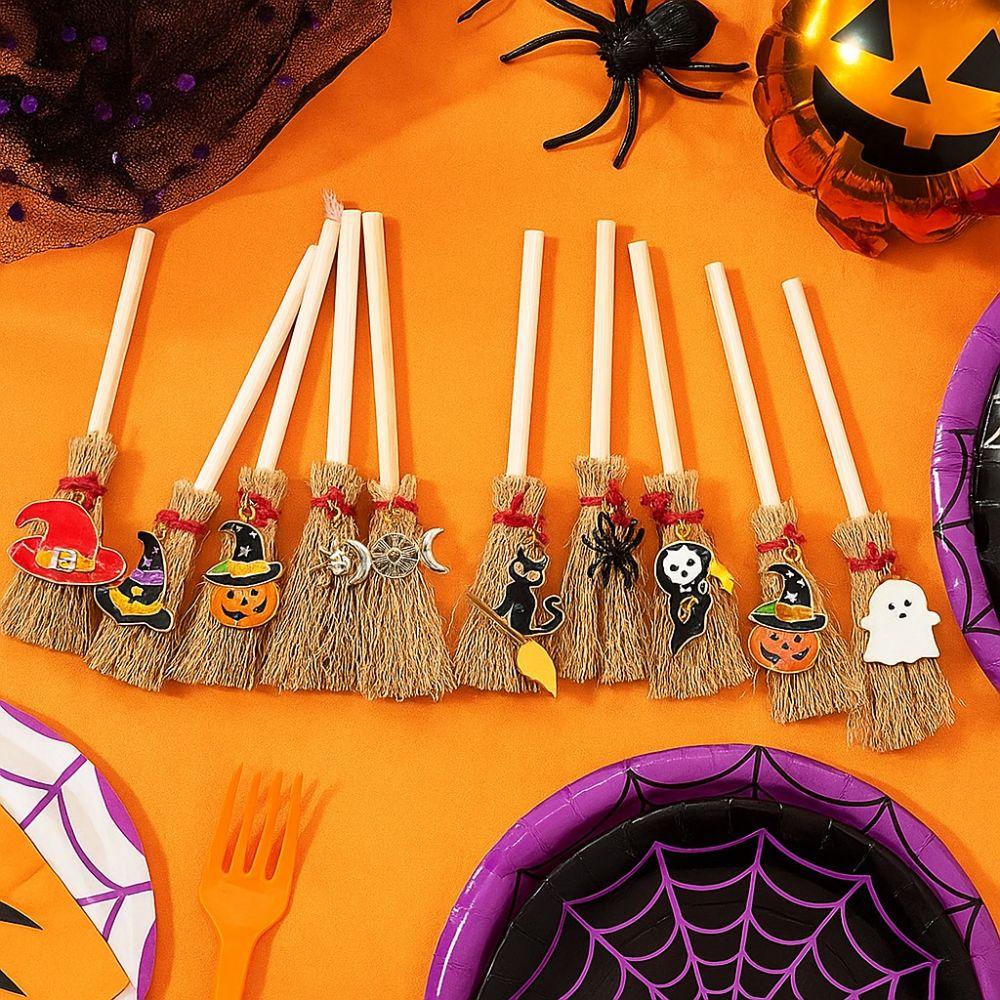 Spider Ghost Halloween Broom Wooden Red Rope Broom Mini Broom Pendant  Halloween Festival