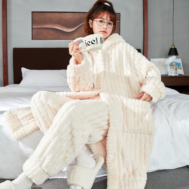Women's Thickened Flannel Pajama Set - Coral Fleece Long Robe for Autumn/Winter