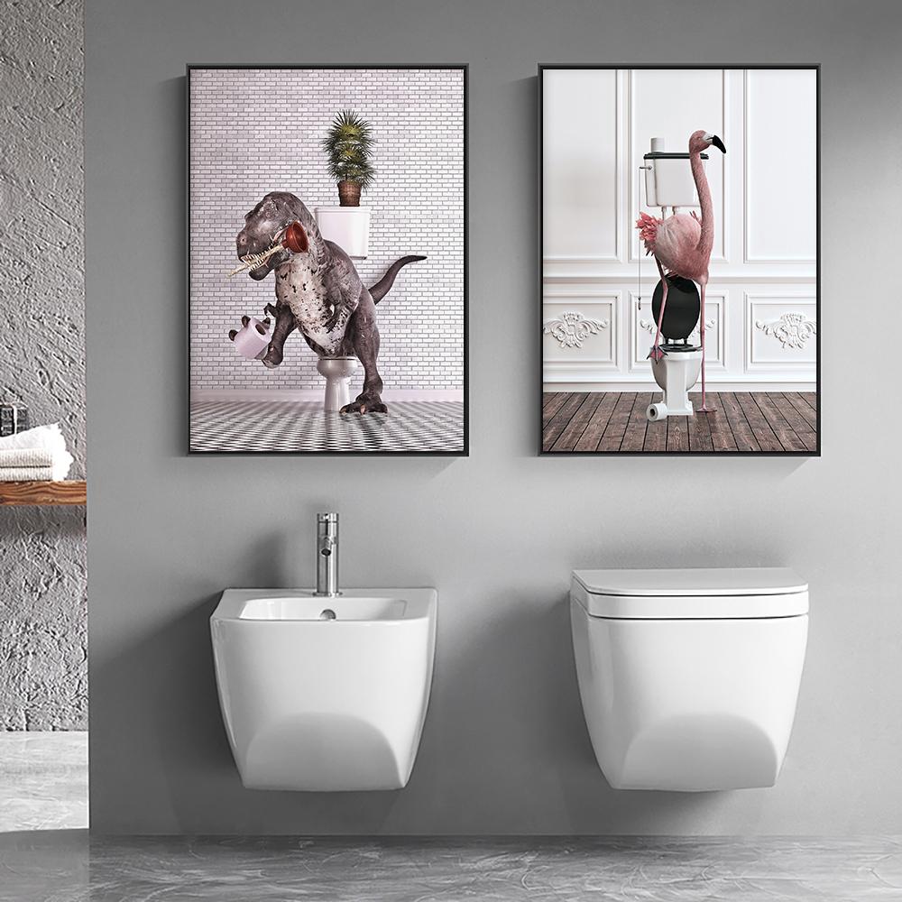 Tier Retro Bad Toilette Wand Kunst Leinwand Malerei Lustige Panda Dinosaurier Flamingo Badewanne Poster Druck Kinderzimmer Wohnkultur