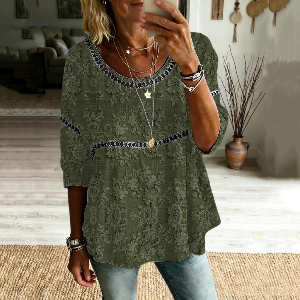 Women's Fashionable Casual Floral Print Seven Quarter Sleeved Round Neck T-Shirt Top