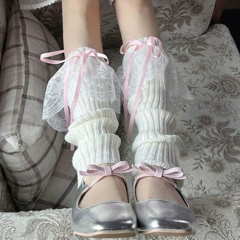 Scaldamuscoli a Rete con Fiocco in Pizzo Stile Lolita Giapponese Y2K Scalda Polpacci da Donna Coprigambe a Nastro Lavorati a Maglia Calze Lente Stile Principessa JK con Fiocco