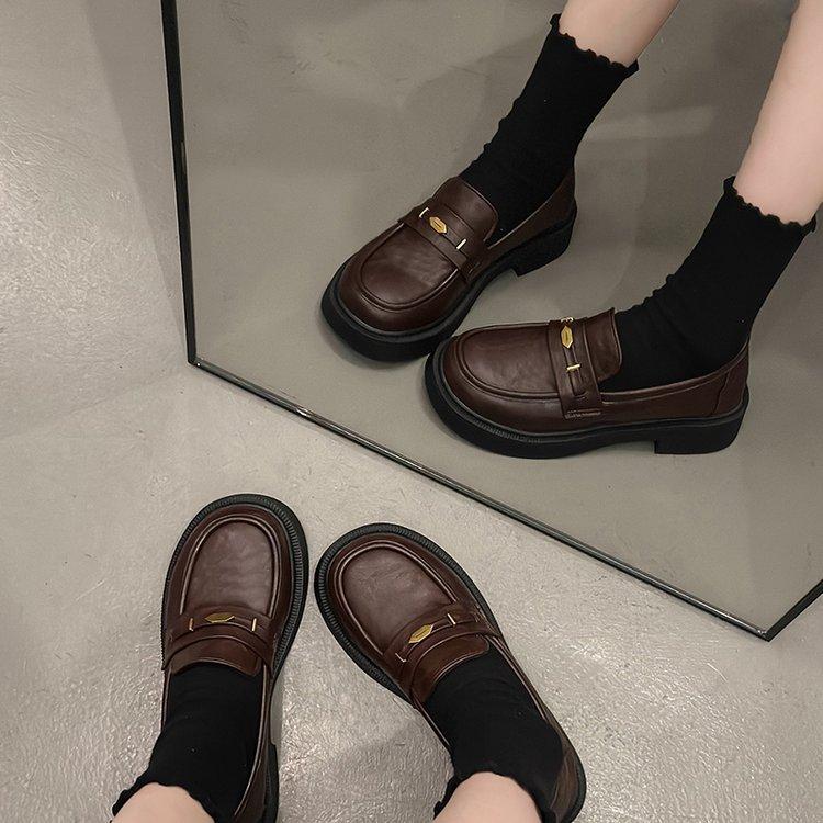 Vintage college style platform gold coin loafers women's 2024 autumn new jk small leather shoes British style big head single shoes