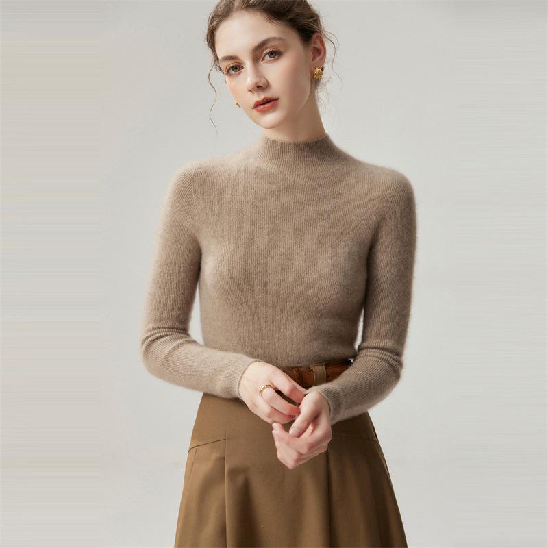 Pure Cashmere Ribbed Half-High Collar Knit Top