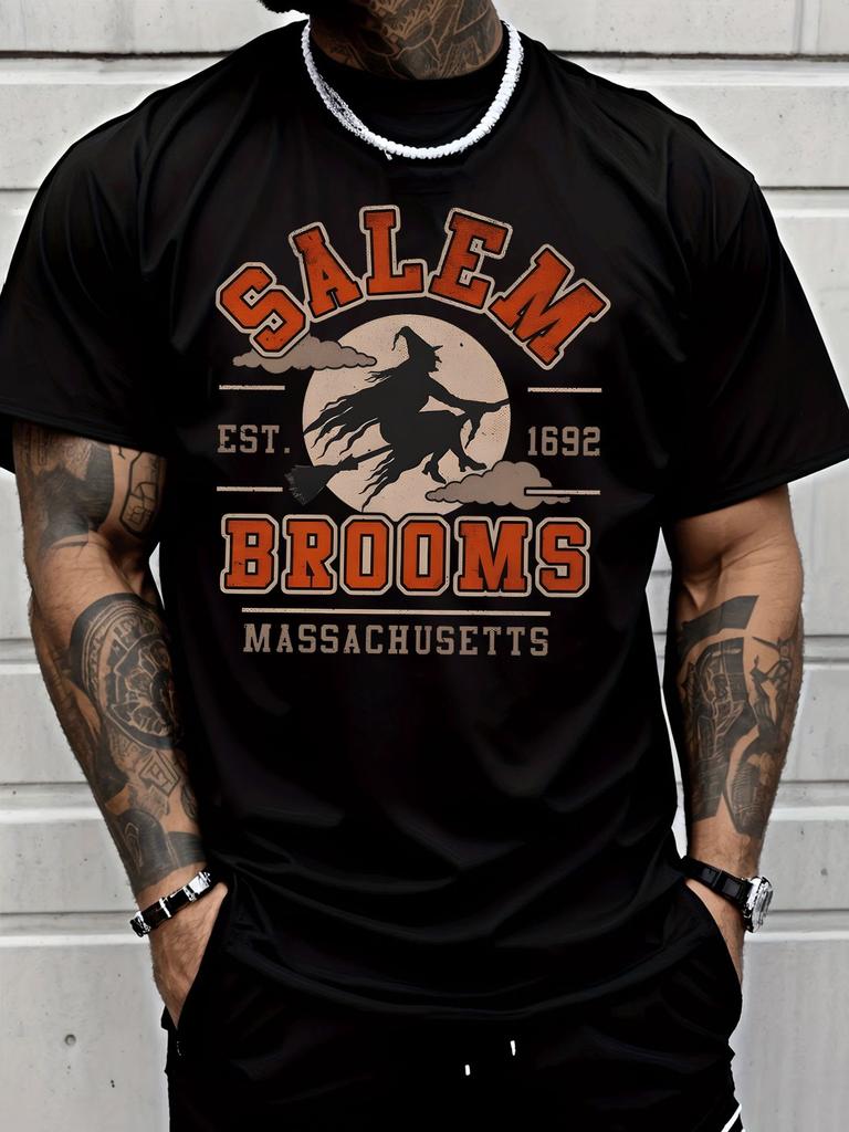 Vintage Salem Brooms Witch 1692 Retro Graphic Mens Cotton Crew Neck Tee Short Sleeve Loose Casu