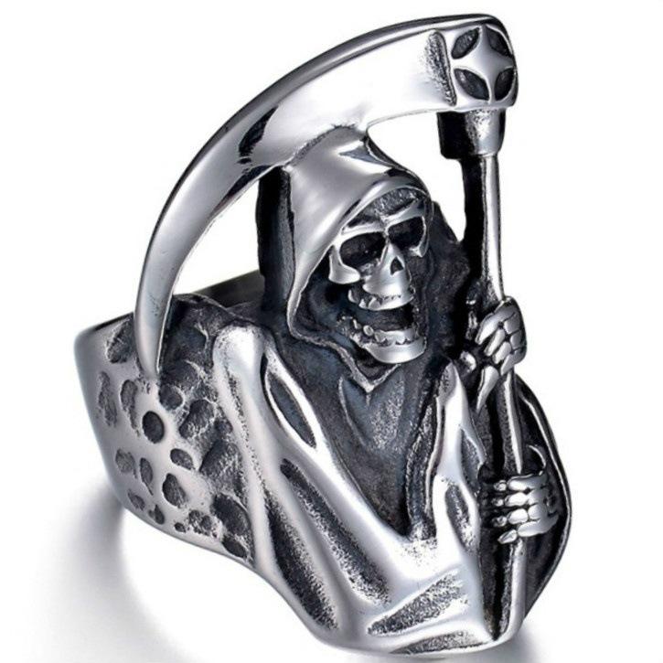 Jianjie Retro Alloy Skull Ring with Domineering Death Scythe Design for Men