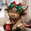 Indoor Holiday Scene Decorations 2/3Pcs Christmas Highland Cow Wooden Tabletop Sign, 2D Flat Yak Ornament Figurine with Garland Bow Hat, Festive
