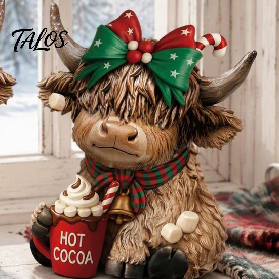 Indoor Holiday Scene Decorations 2/3Pcs Christmas Highland Cow Wooden Tabletop Sign, 2D Flat Yak Ornament Figurine with Garland Bow Hat, Festive