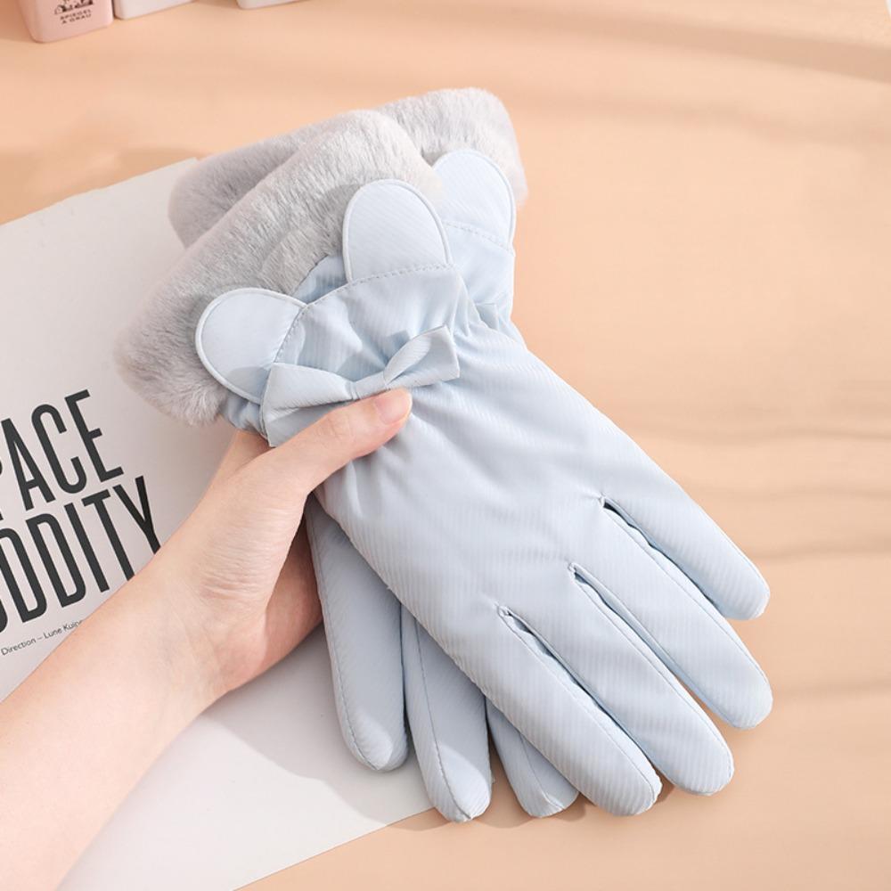 Soft Plush Thickened Gloves  Satin Windproof Gloves Gift Bow Anti-cold Mittens  Daily