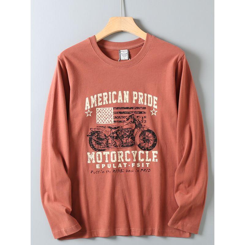 Original Foreign Trade Autumn and Winter Casual American Retro Print Simple Washed Loose Round Neck Long Sleeve T-Shirt Base Shirt for Men