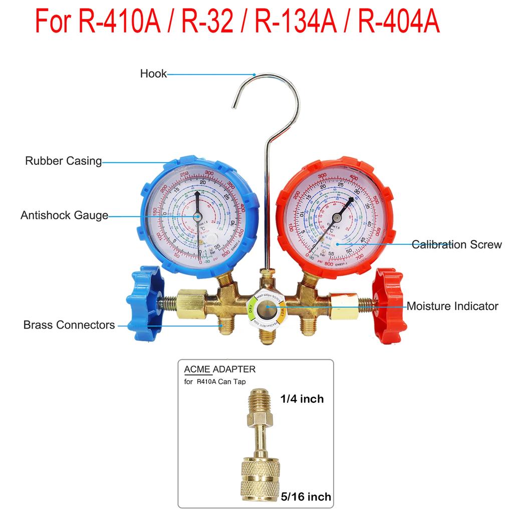 3-Way AC Manifold Gauge Set W/ Hoses for R410A/R32/R134a/R404A | Automotive HVAC Refrigerant Diagnostic Tool