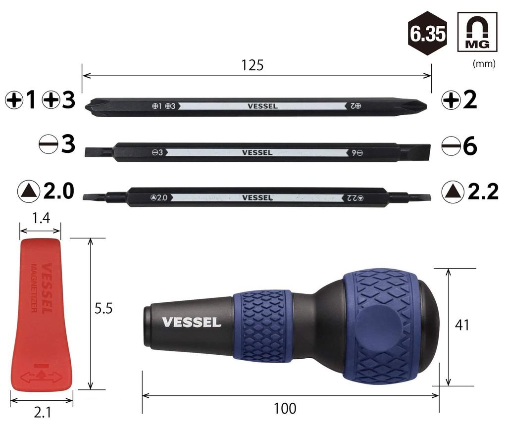 VESSEL Ball Grip Interchangeable Screwdriver for Home Use Can Turn 7 Types of and (Blue) - Screws Phillips, Slotted, Triangular. 220W-BC3B