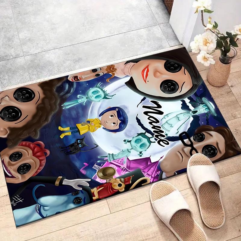 Custom Coraline Mat Personalized Name, Polyester Washable Indoor Entryway Rug, Gift for Christmas, Easter, Thanksgiving Day